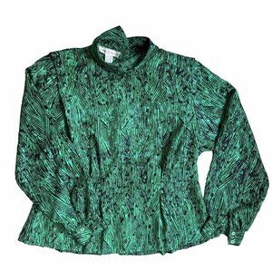 Vtg Womens Kelly Green Shirt Blouse Turtleneck Back Buttons‎ 10 Petite Silky